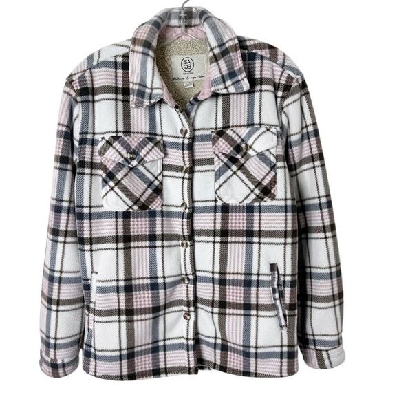 Sage Women's Plush Shirt Jacket S Pink Plaid Fleece Flannel Sherpa Lined Shacket - Picture 1 of 10